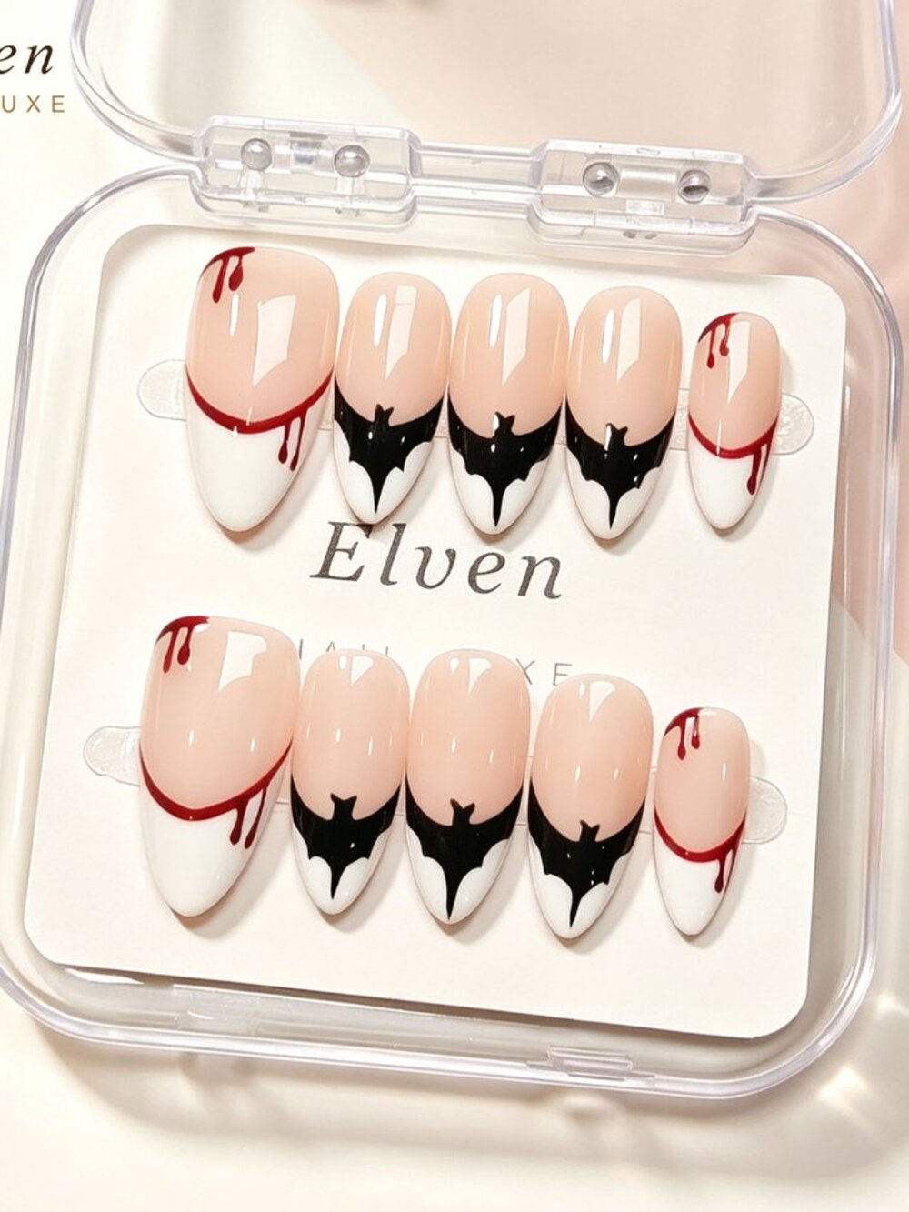 Halloween Gothic Vampire Medium Almond Press On Nails | Black Bat Red Blood Drip